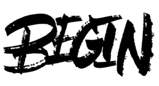 the word 'begin' hand-drawn in thick scratchy gestural black ink